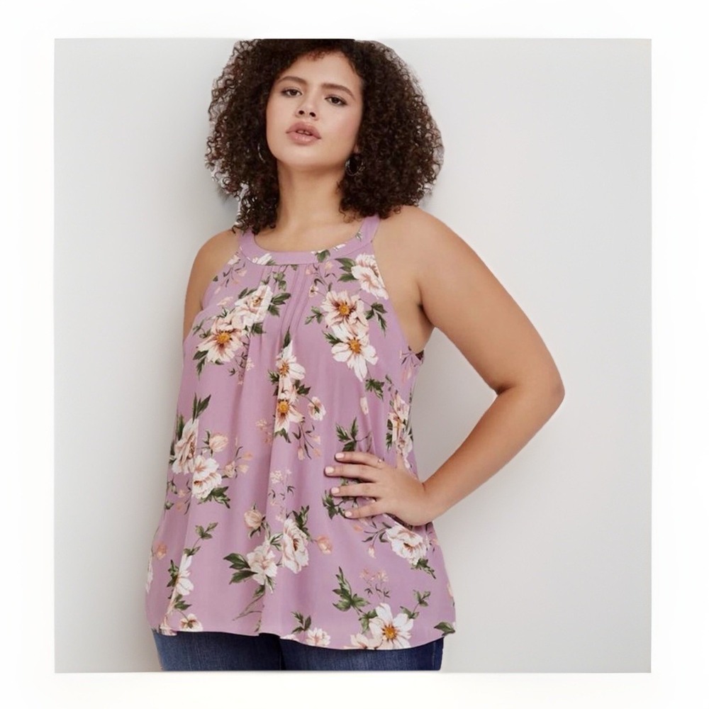 Torrid Floral Georgette Pleated Goddess Neck Tank Top Size 1X Mauve